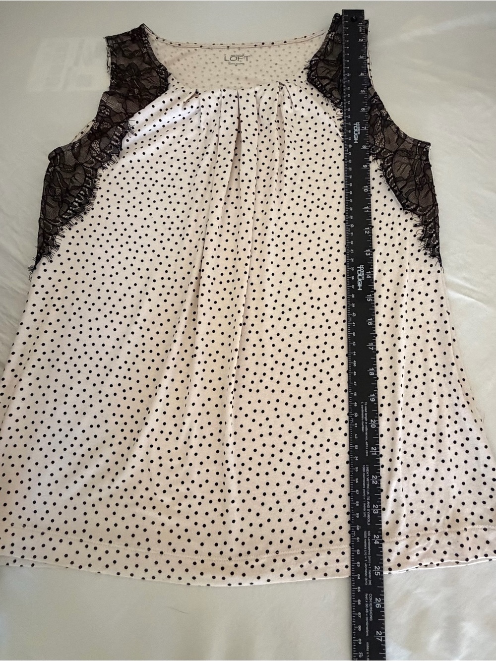 LOFT Cream Polka Dot Sleeveless Top with Black Lace Trim - Picture 5 of 7